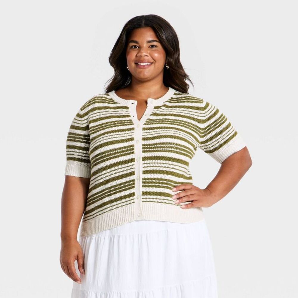 Women's Short Sleeve Button-Front Cardigan Sweater - A New Day Cream M